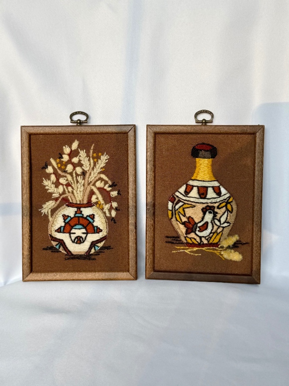 Vintage 1976 Sunset Designs Crewel Embroidery Framed Pair Southwest Pottery Boho